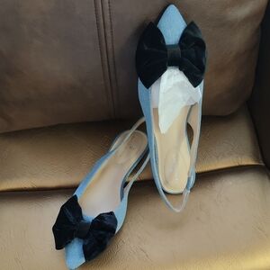 Bandolino Light Blue Denim Pointed Slingback Flats with Black Bow